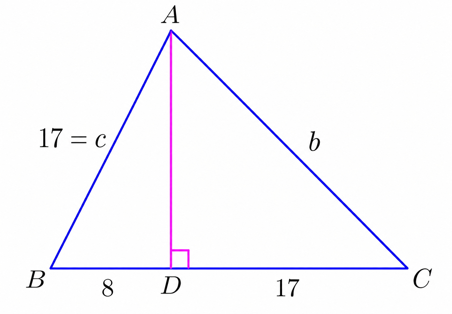 Triangle ABC with BC 25, AB 17, and BD 8