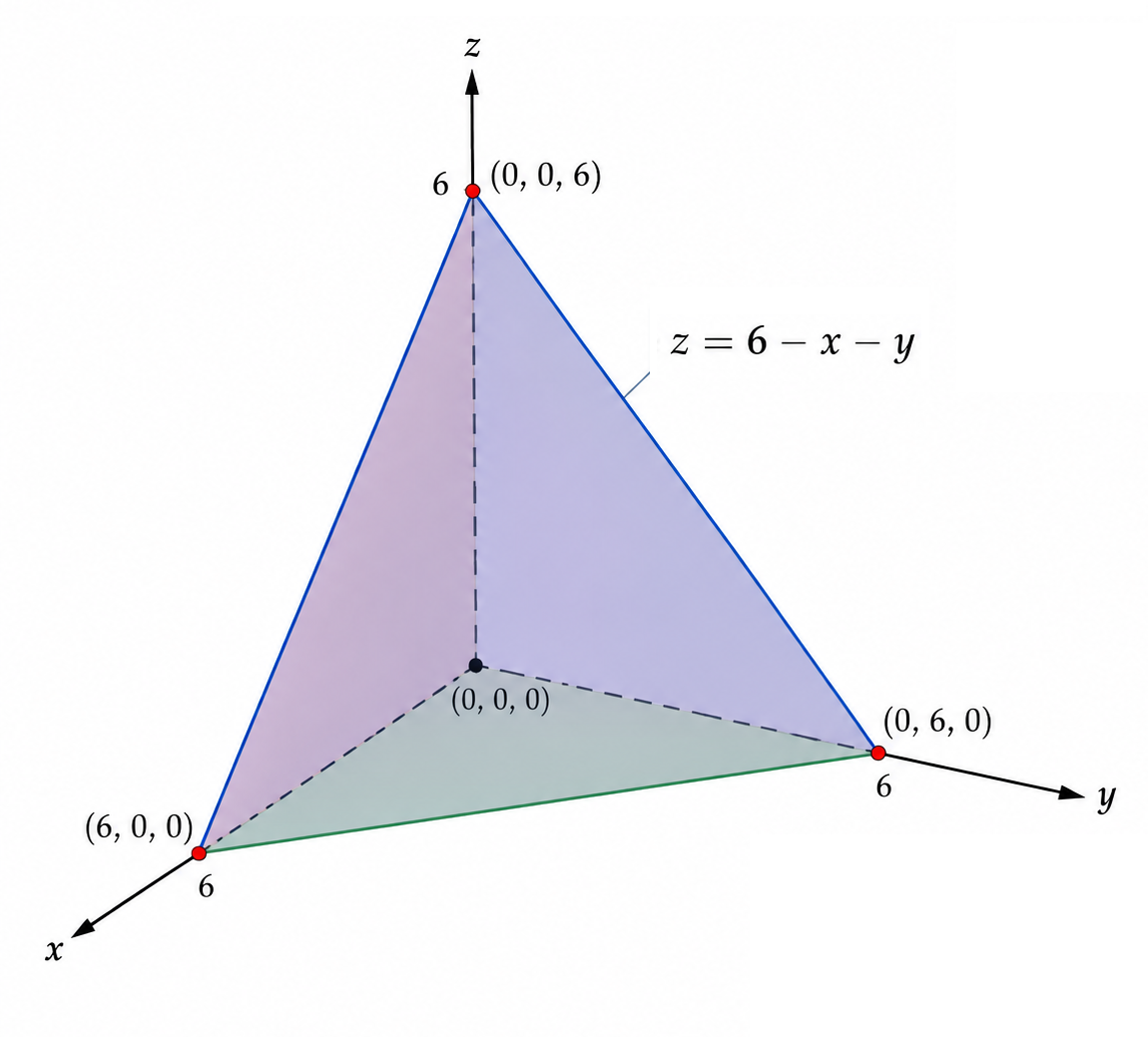 Tetrahedral region under z equals 6 minus x minus y above a triangular region