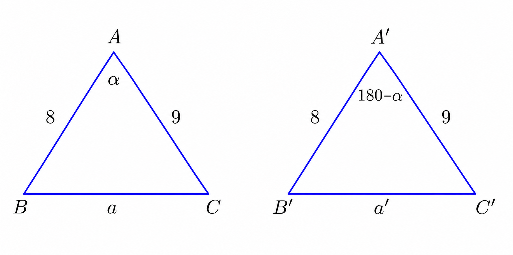 Two triangles with third sides a and a prime