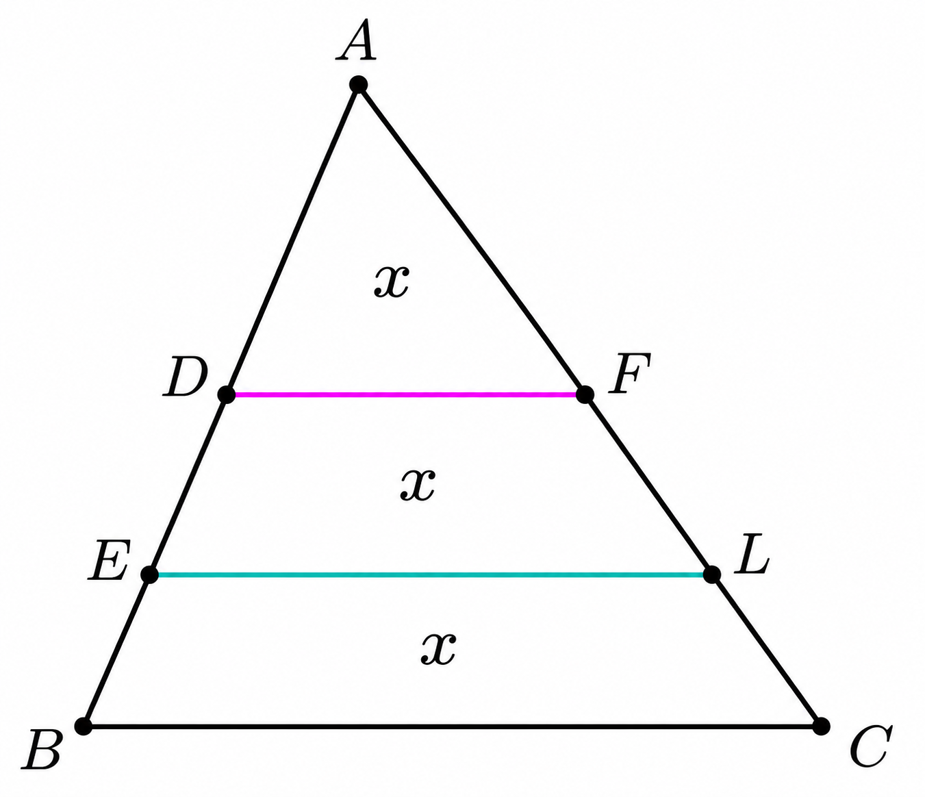 Equal-area regions in a triangle labeled for the similarity calculation