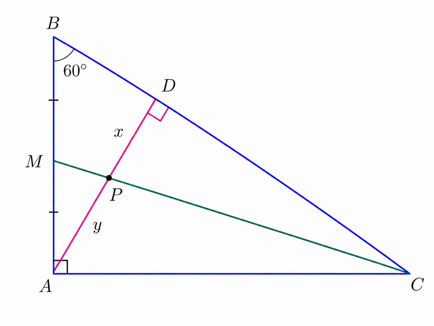 A 30-60-90 right triangle with altitude AD and median CM intersecting at P