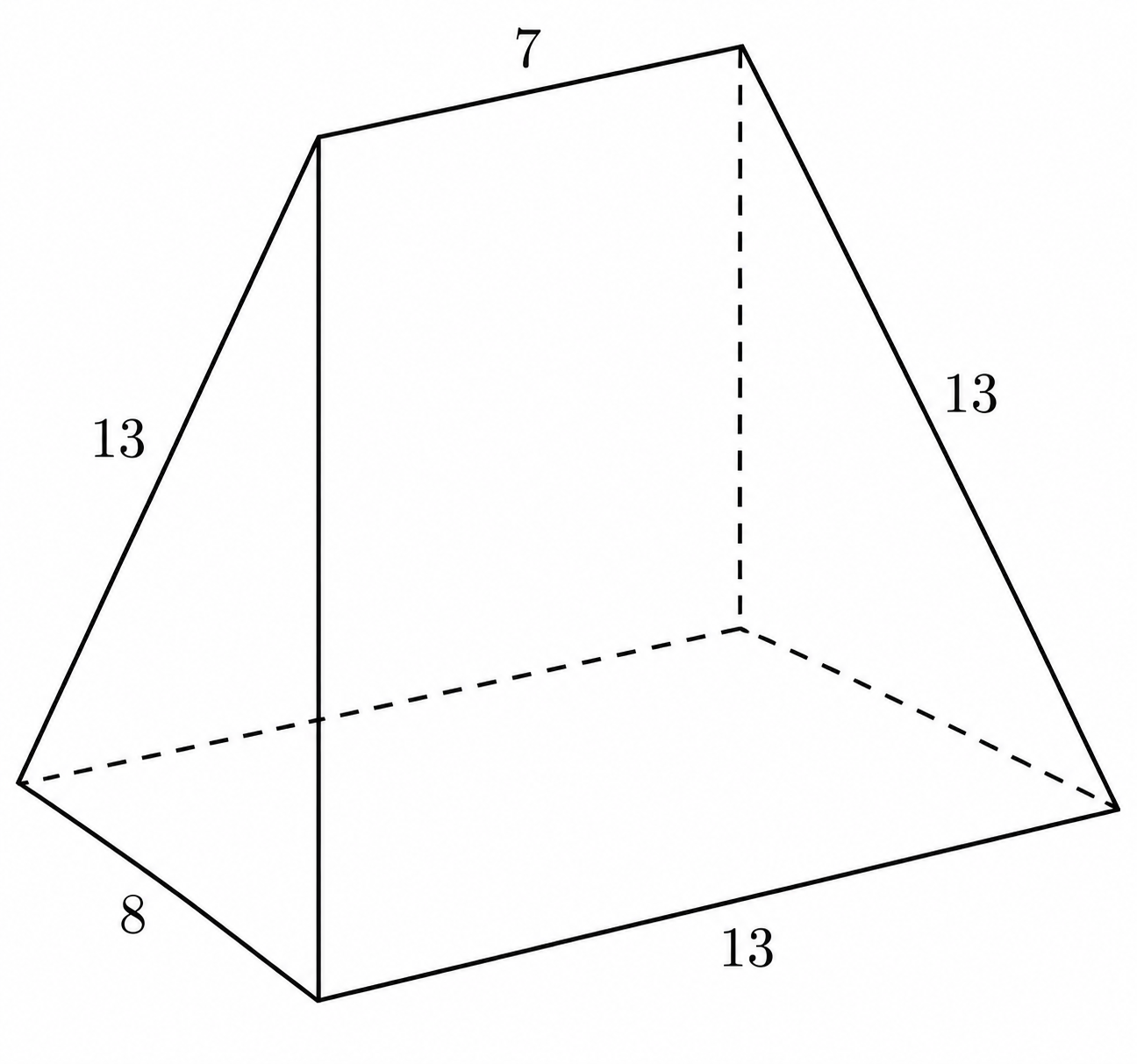 Pentahedron with a 13 by 8 rectangular base, top edge of length 7, and lateral edges of length 13