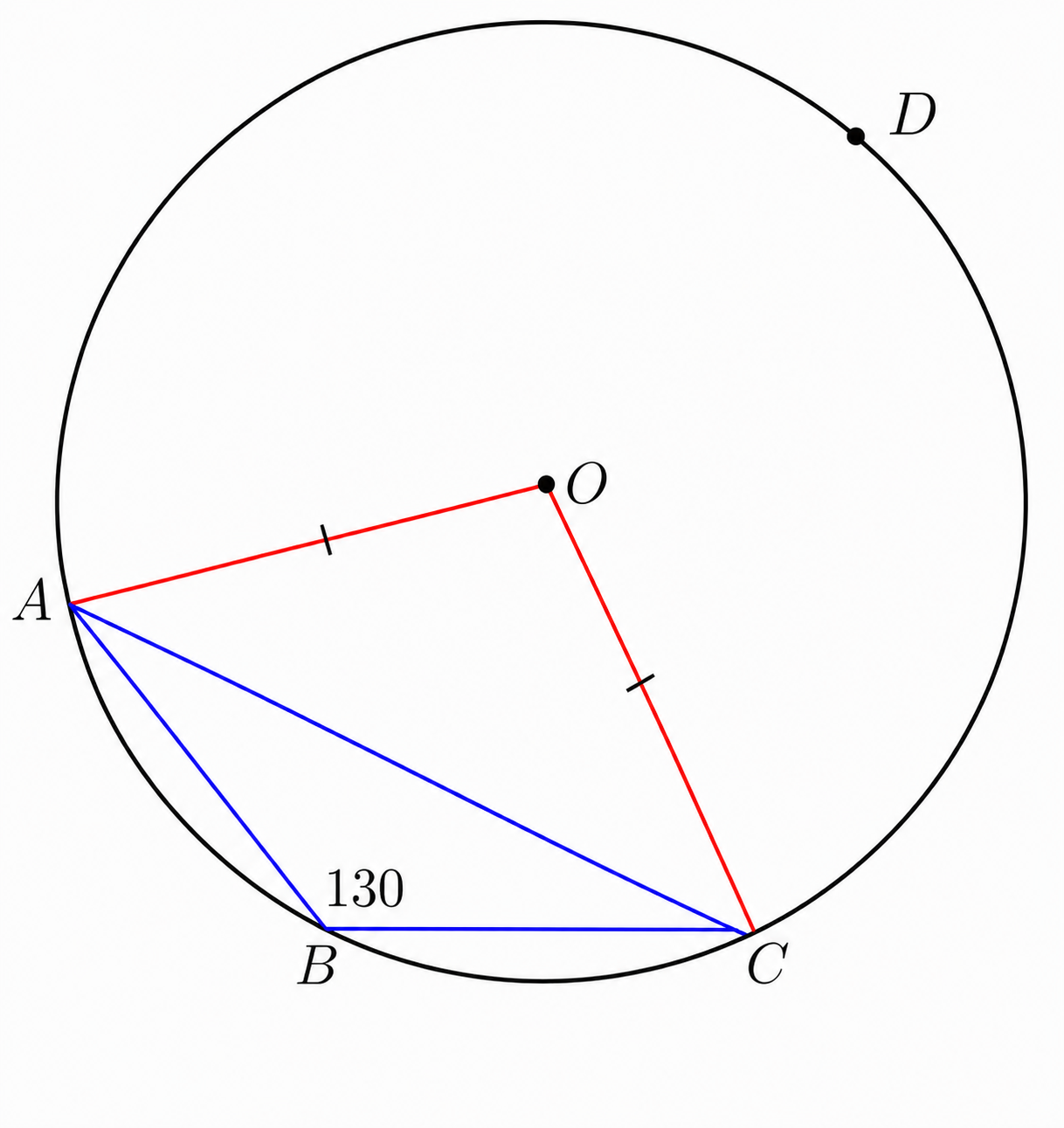 Circle showing major arc ADC of 260 degrees and minor arc ABC of 100 degrees