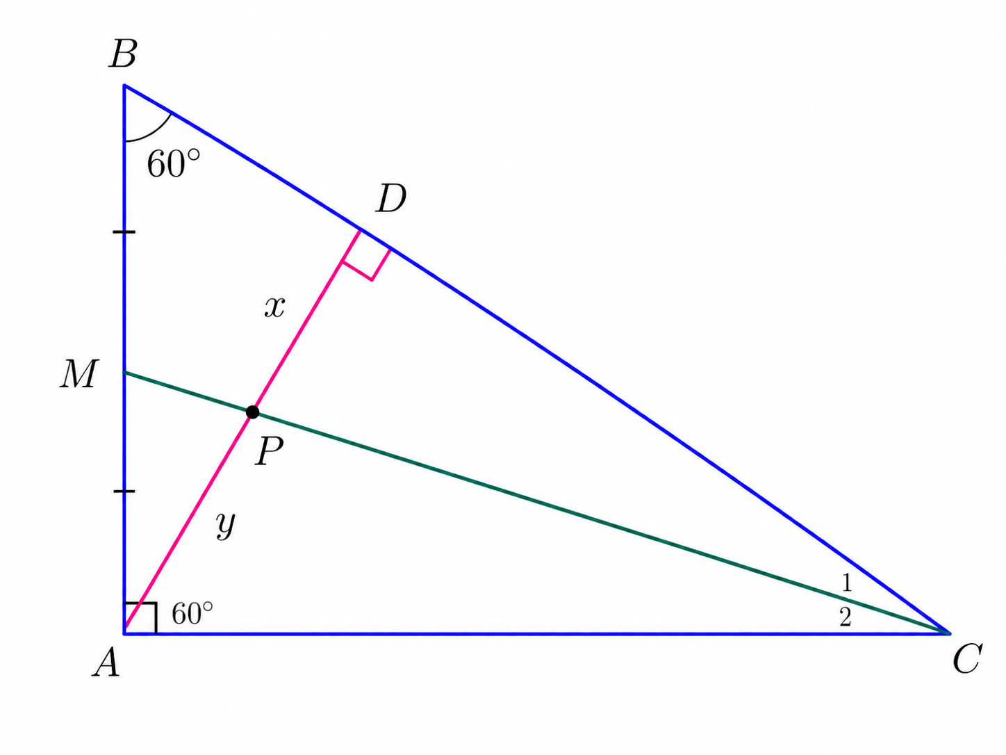 Triangle ABC showing the median CM and the two angles at C