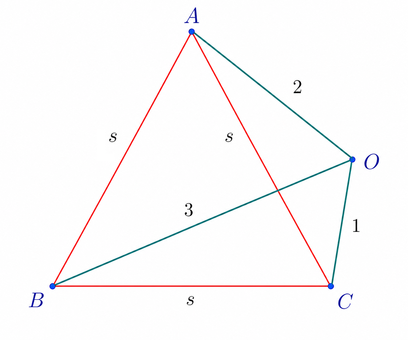 Quadrilateral OABC with OA equal to 2, OB equal to 3, OC equal to 1, and equilateral triangle ABC