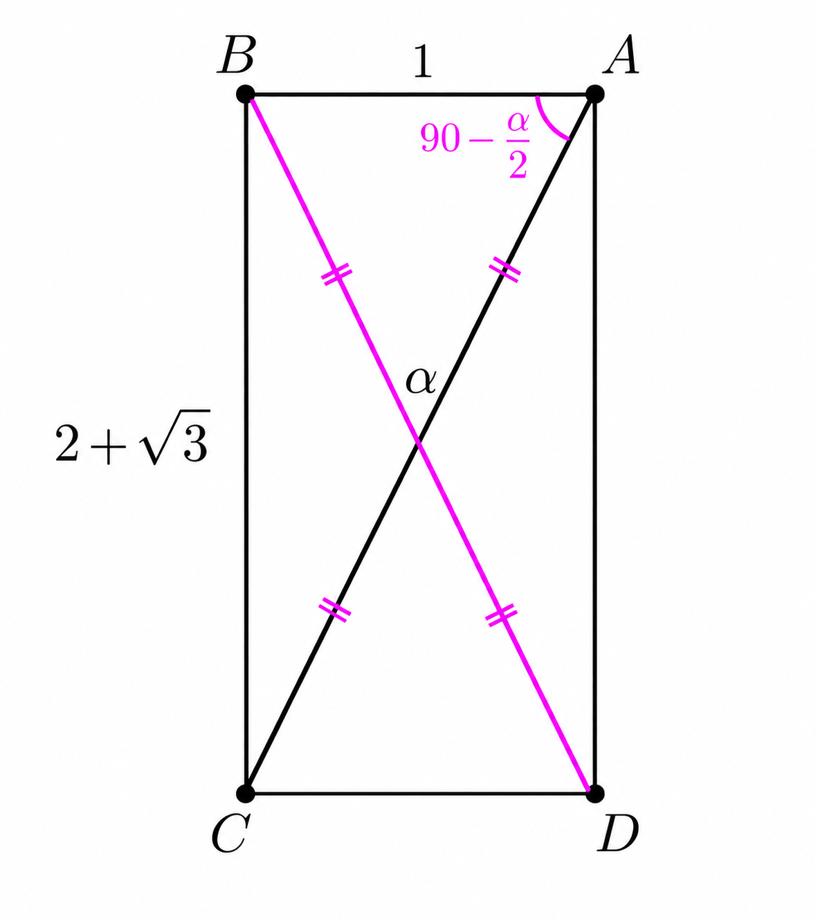 Rectangle ABCD showing the diagonals and angle alpha