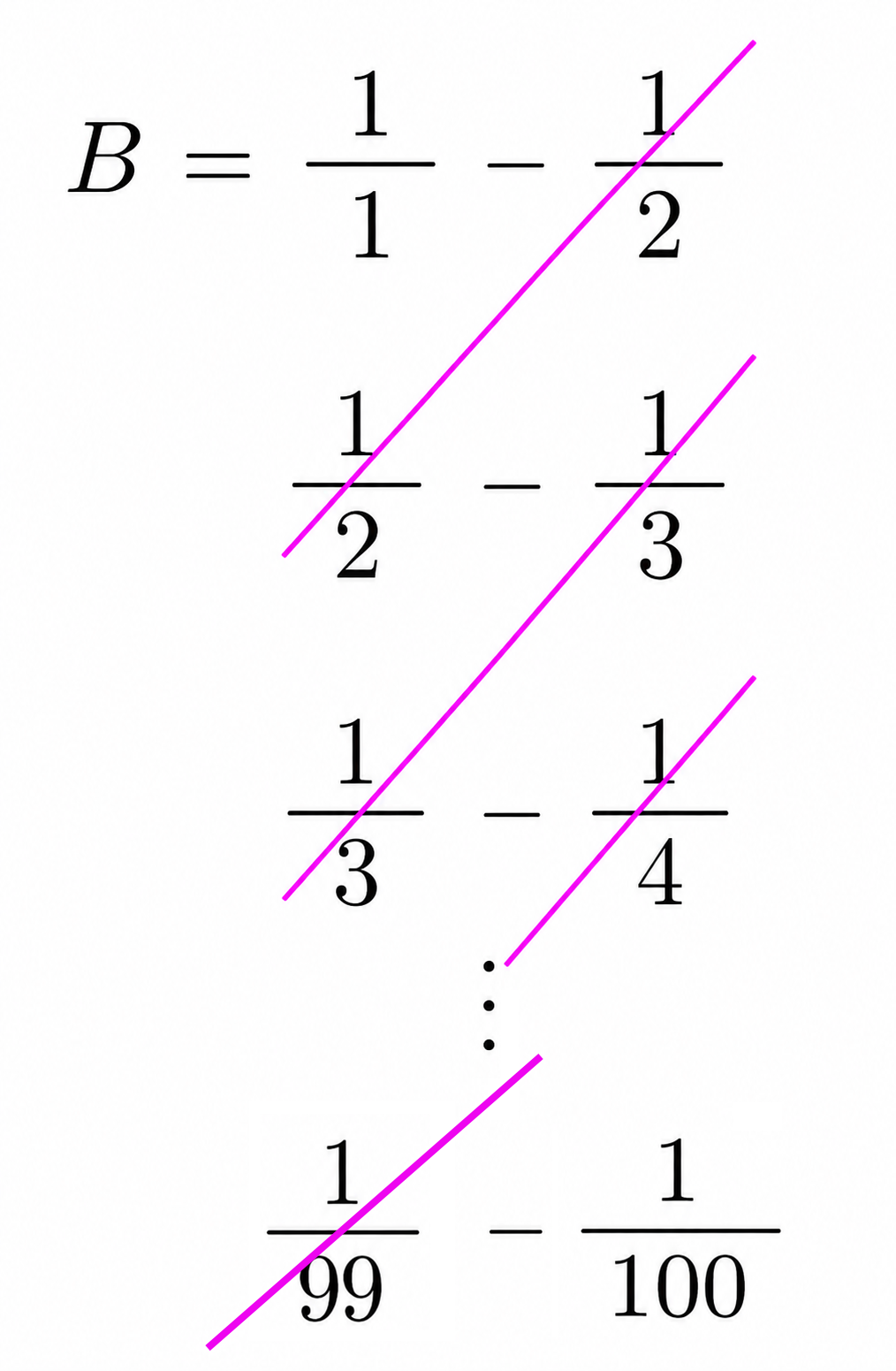Telescoping sum for B from 1 minus 1 over 2 through 1 over 99 minus 1 over 100