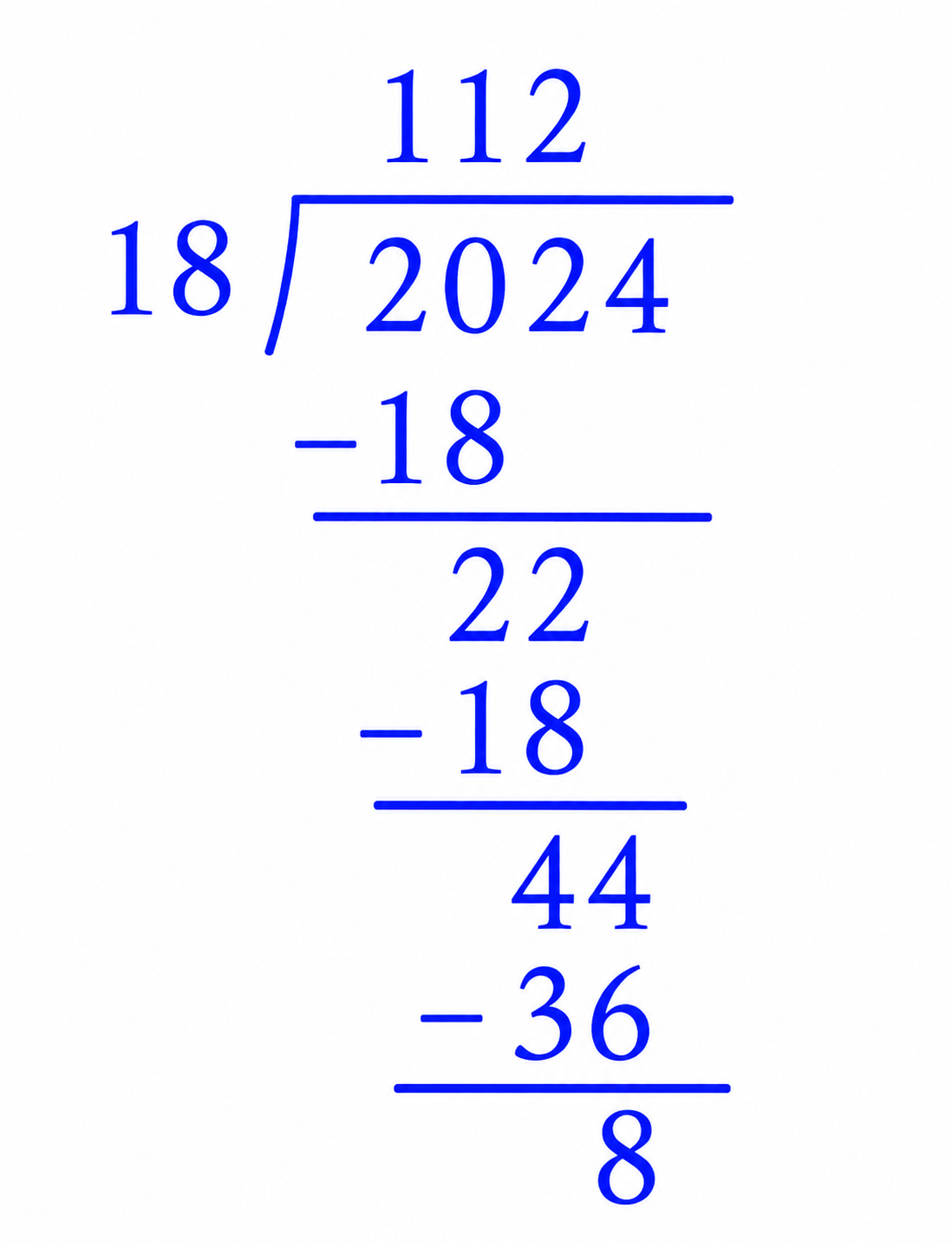 Long division of 2024 by 18, giving quotient 112 and remainder 8