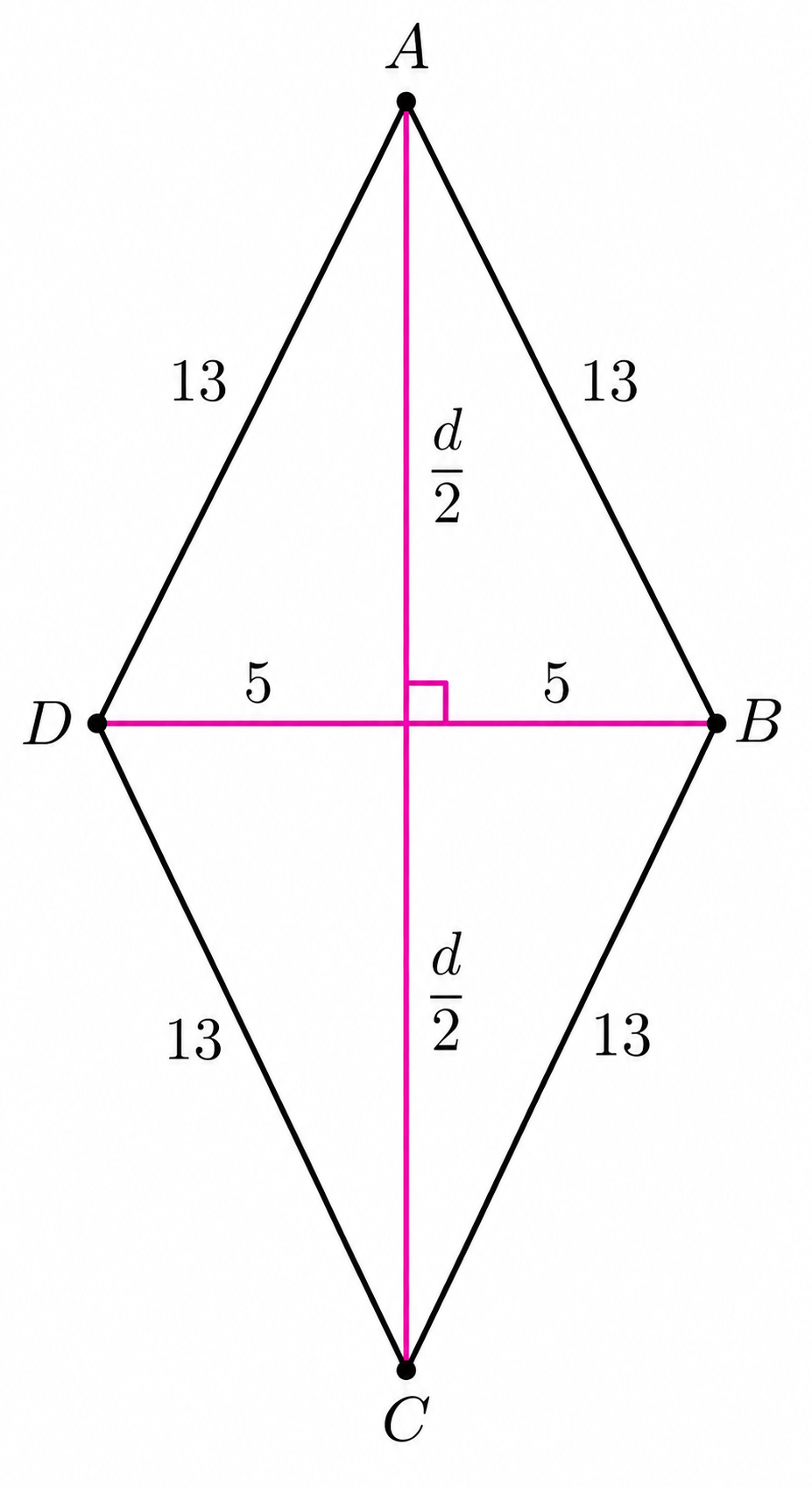 Rhombus with side length 13 and perpendicular bisecting diagonals