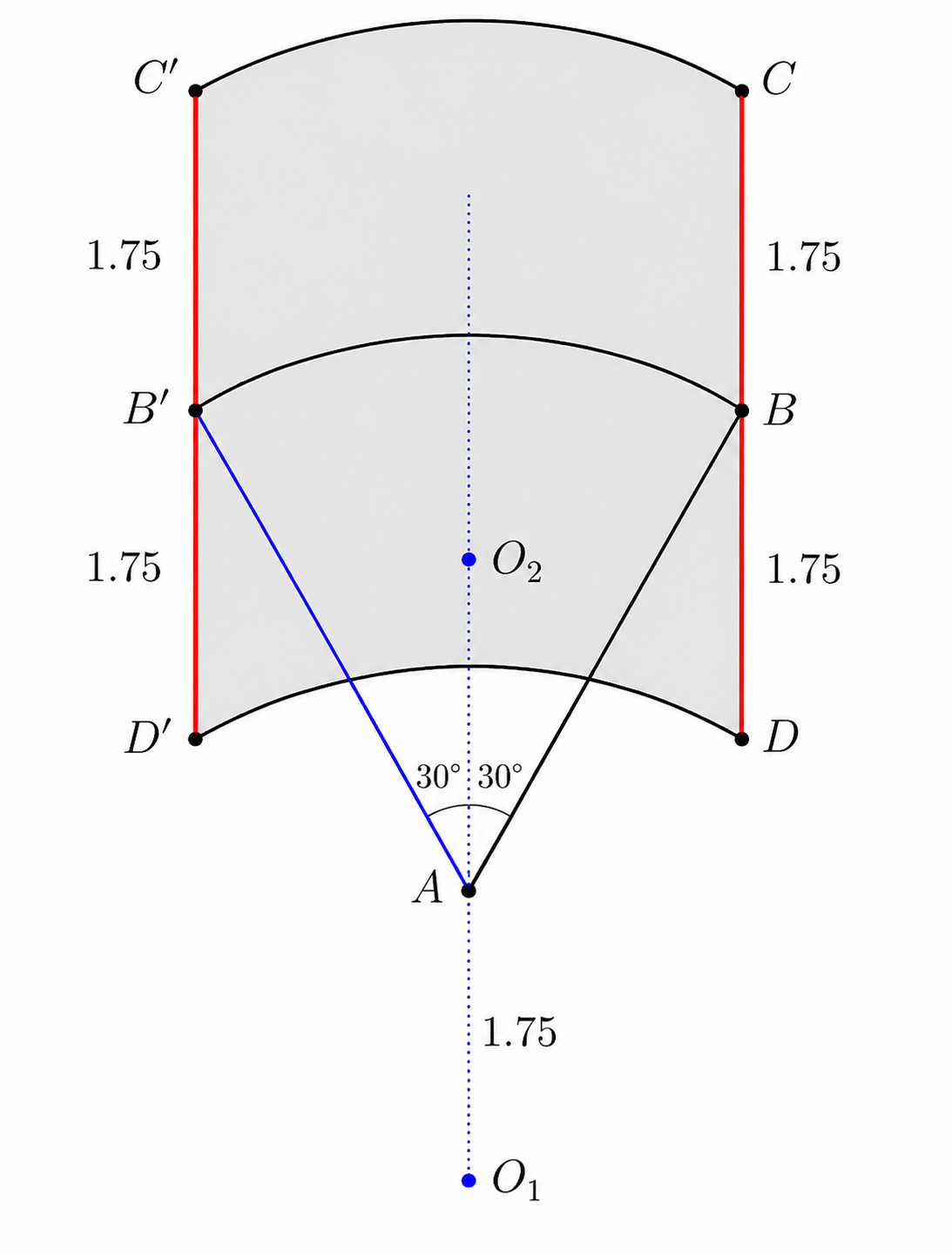 Lengths 1.75 and centers O1 and O2