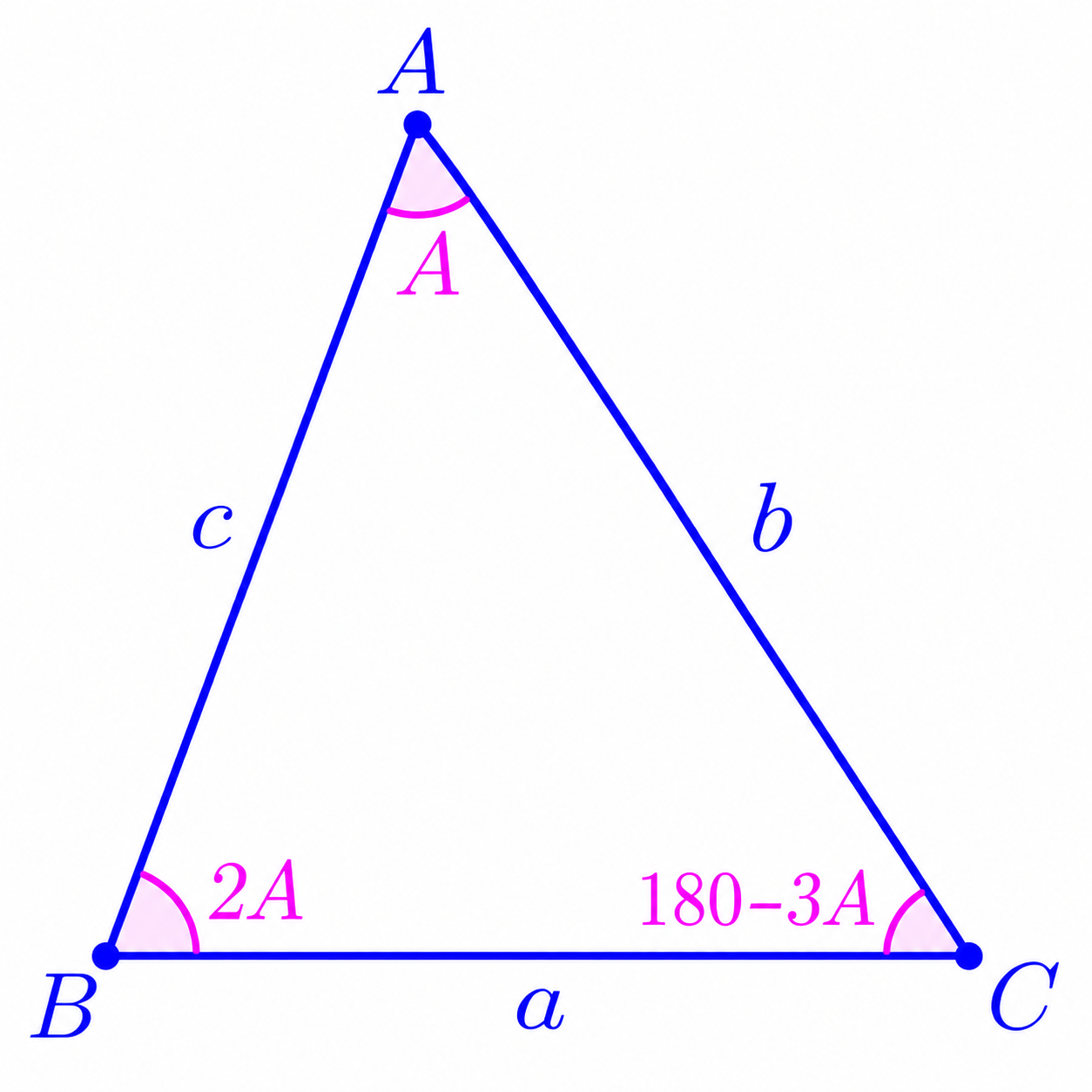 Triangle ABC with sides a, b, c opposite angles A, B, C, respectively. Angle B is twice angle A, and angle C is 180 degrees minus 3A.