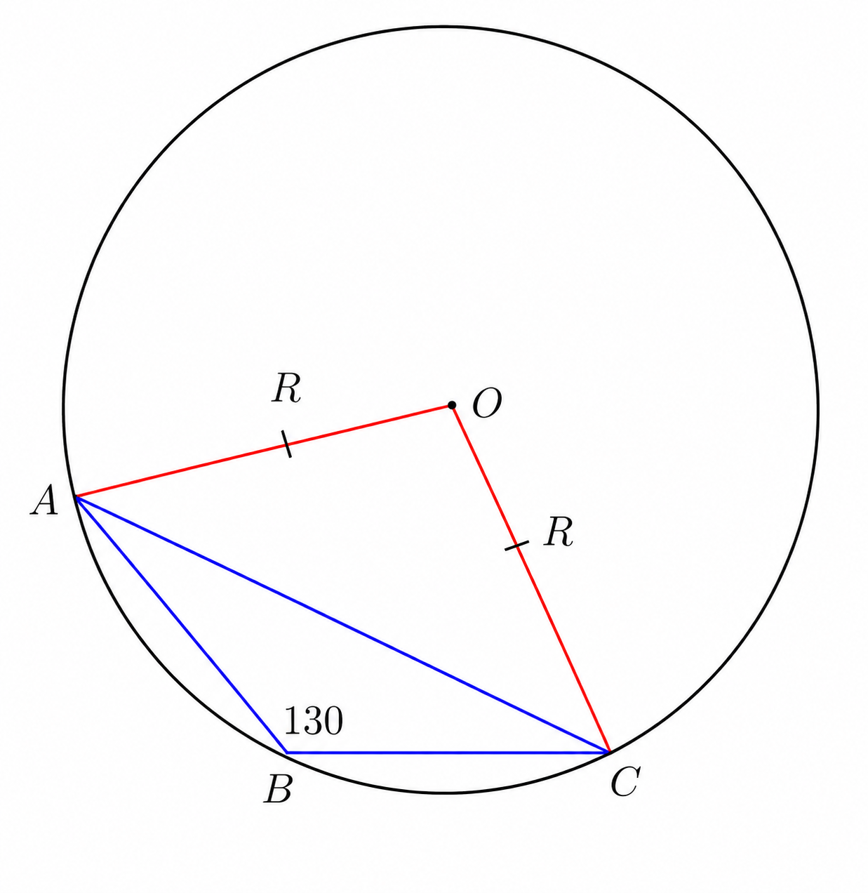 Triangle ABC inscribed in a circle with radii OA and OC