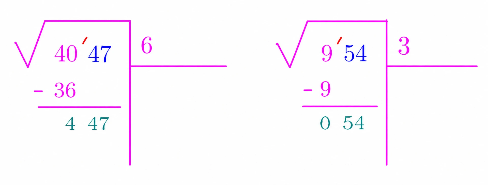 Subtracting 36 from 40 and bringing down 47 to obtain 447; subtracting 9 from 9 and bringing down 54 to obtain 54.