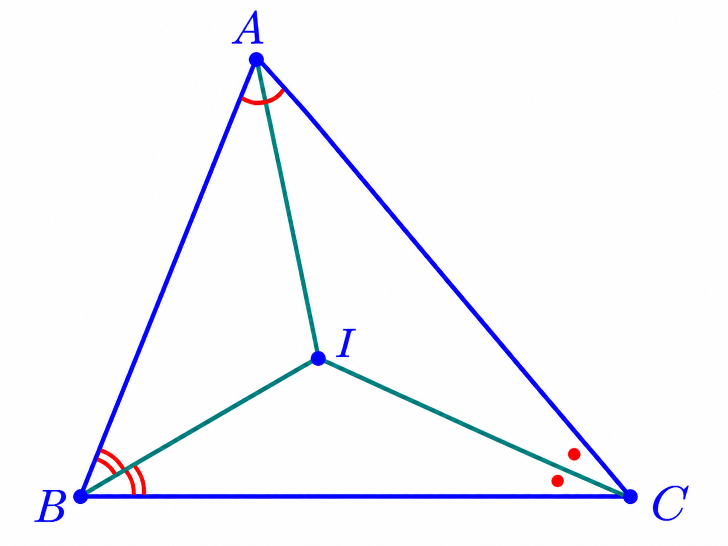 Triangle ABC with incenter I and the three internal angle bisectors AI, BI, and CI.