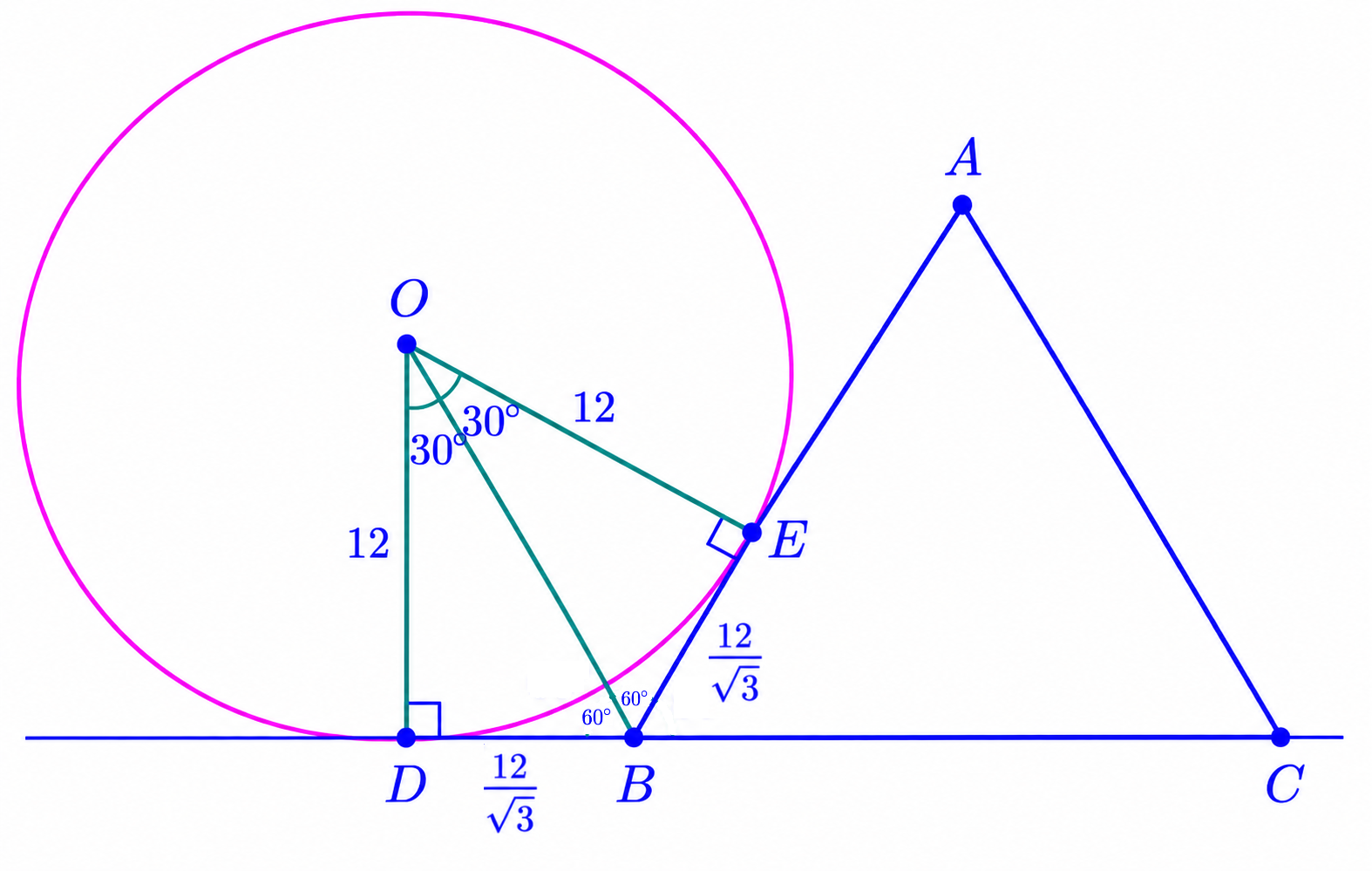 Diagram showing OD equals 12 and DB and BE equal 12 over square root of 3