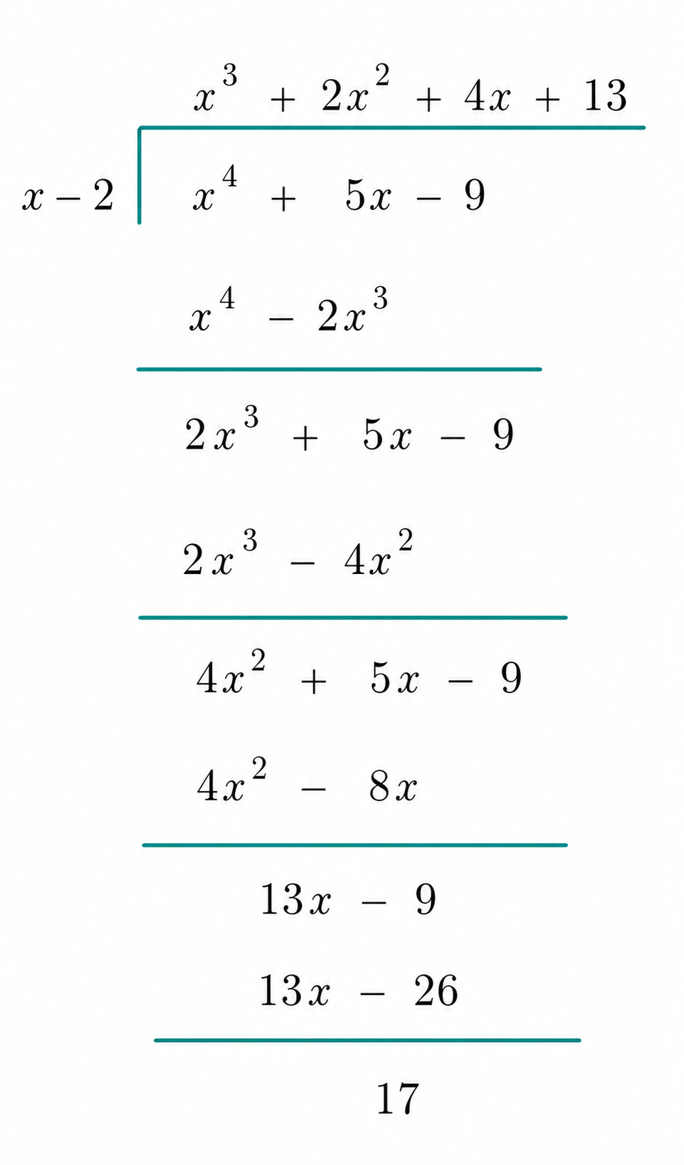 Long division of x^4 + 5x - 9 by x - 2