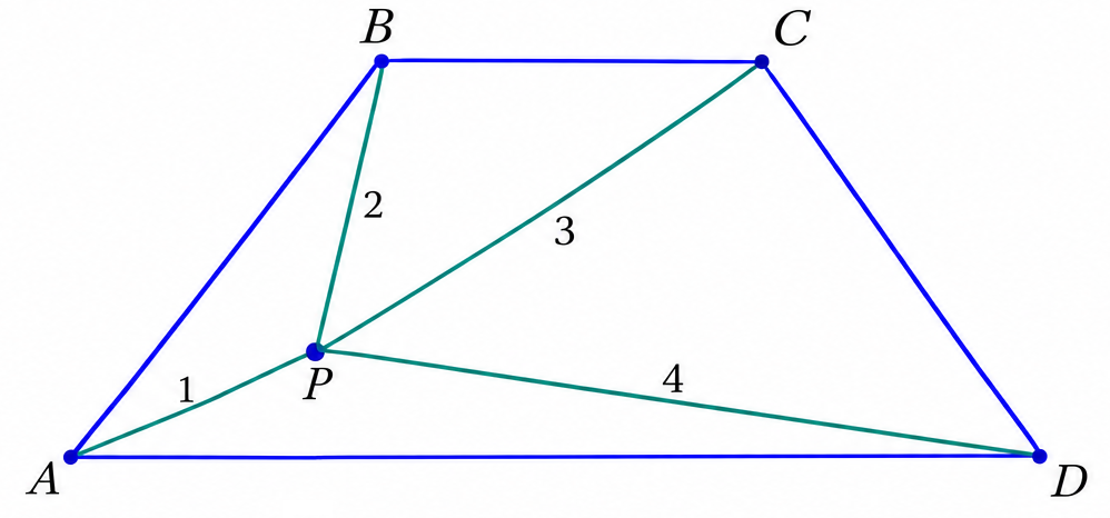Isosceles trapezoid ABCD with point P and distances PA equals 1, PB equals 2, PC equals 3, and PD equals 4