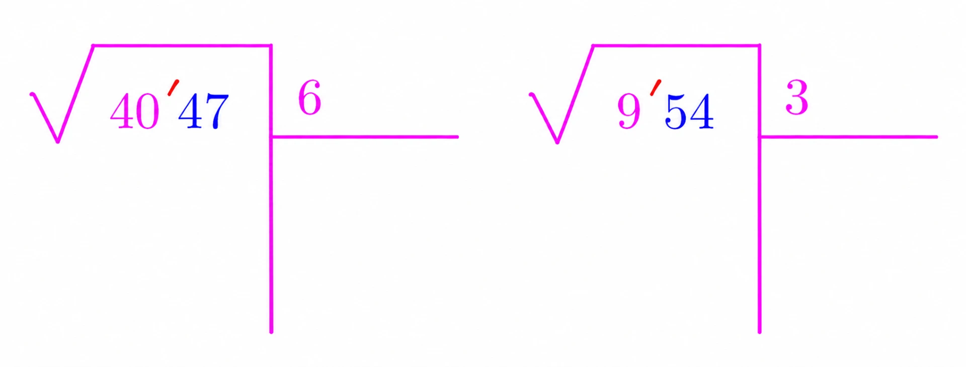 The first square-root digits are 6 for 4047 and 3 for 954.