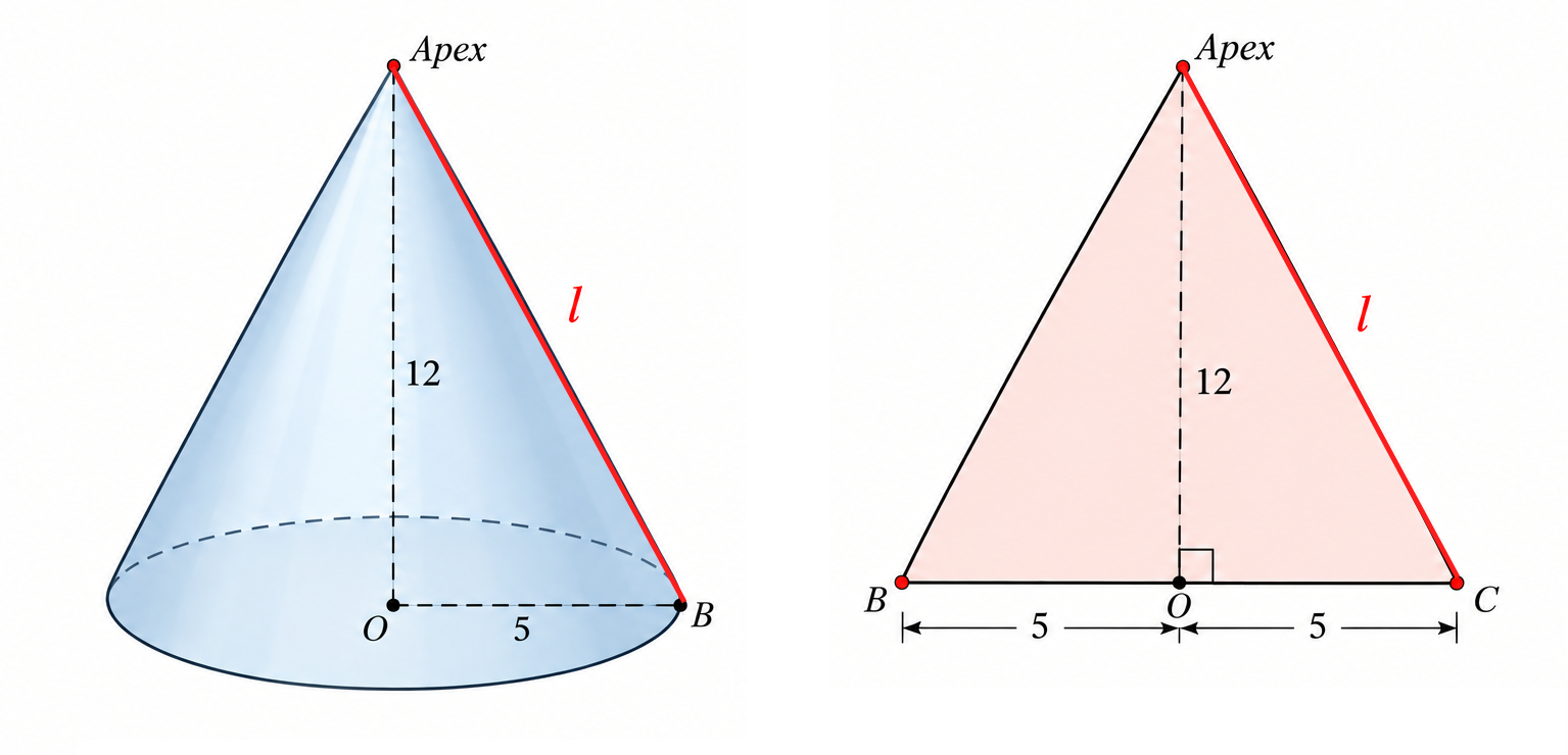 A cone and its axial cross section forming an isosceles triangle