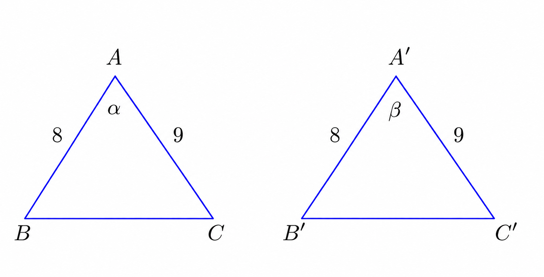 Two non-congruent triangles with sides 8 and 9 and angles alpha and beta