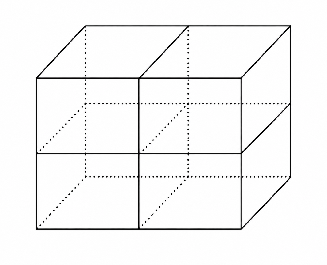 A 2 by 2 by 1 rectangular prism made from four unit cubes