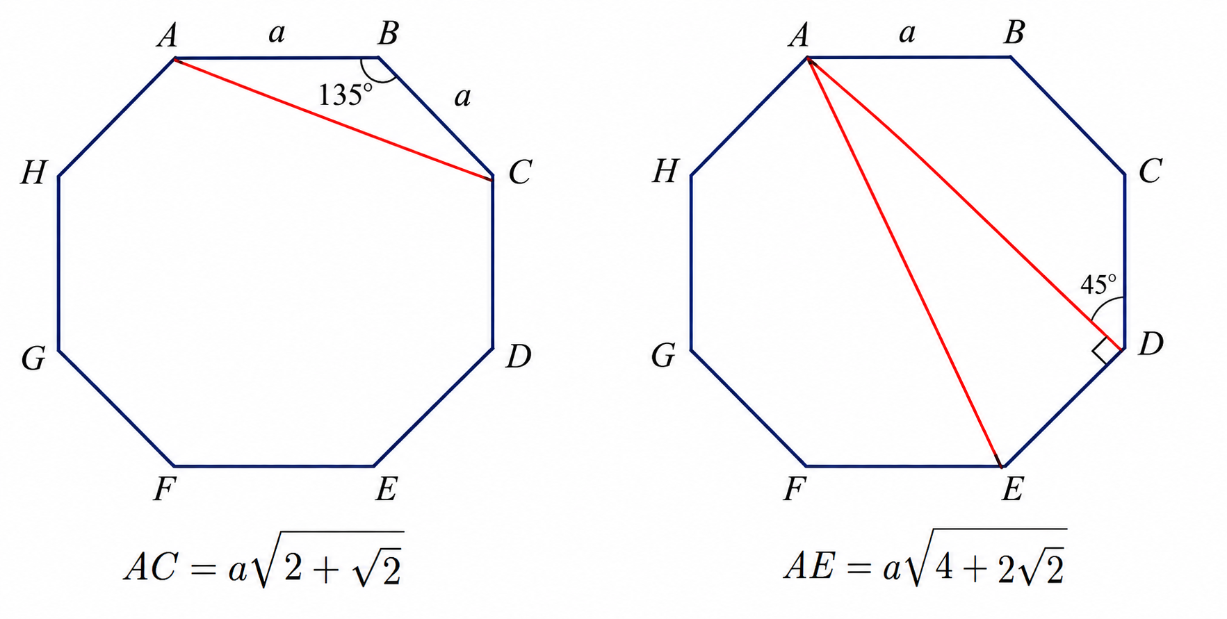 Short and long diagonals of a regular octagon