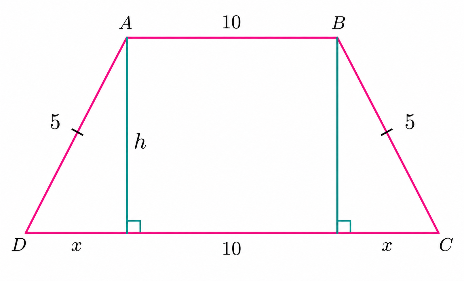 Isosceles trapezoid with bases 10 and 18, legs 5, and altitudes drawn