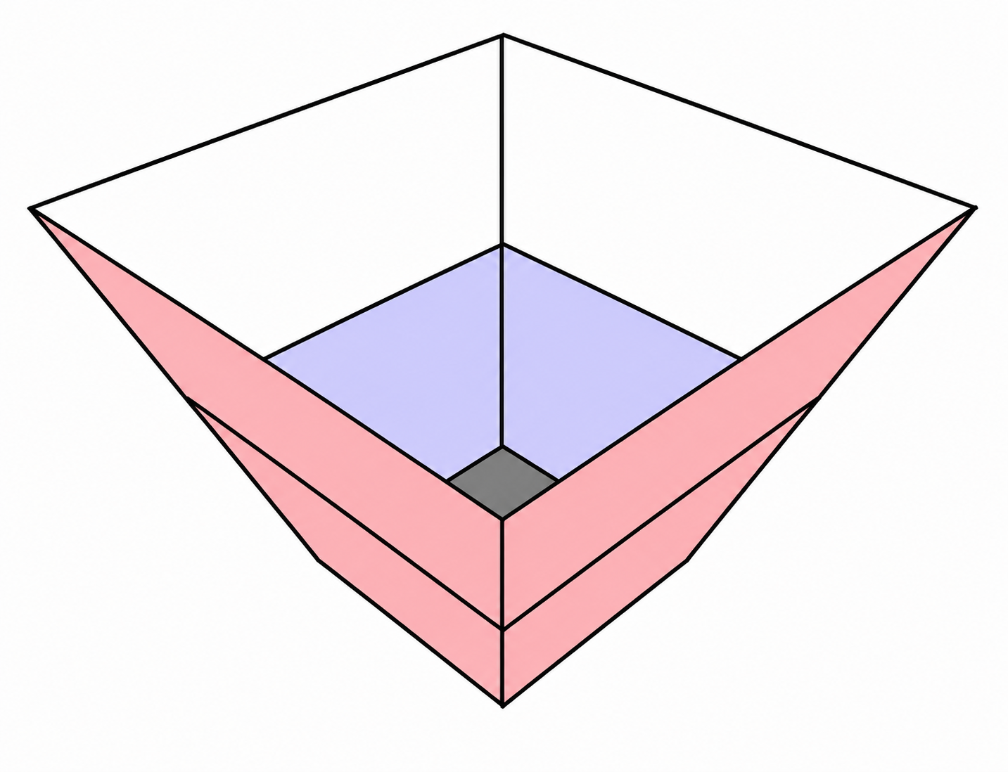 Container with a 1 by 1 square bottom and a 3 by 3 open square top