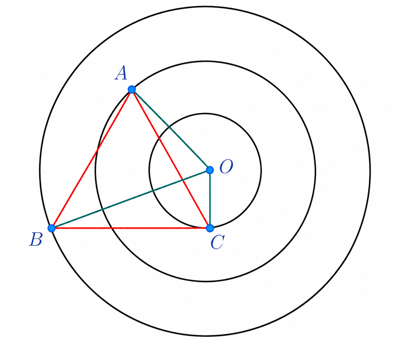 Three concentric circles with an equilateral triangle having one vertex on each circle