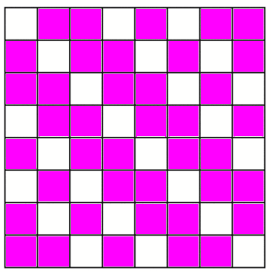 An 8 by 8 grid with 40 marked squares satisfying the row, column, and diagonal conditions