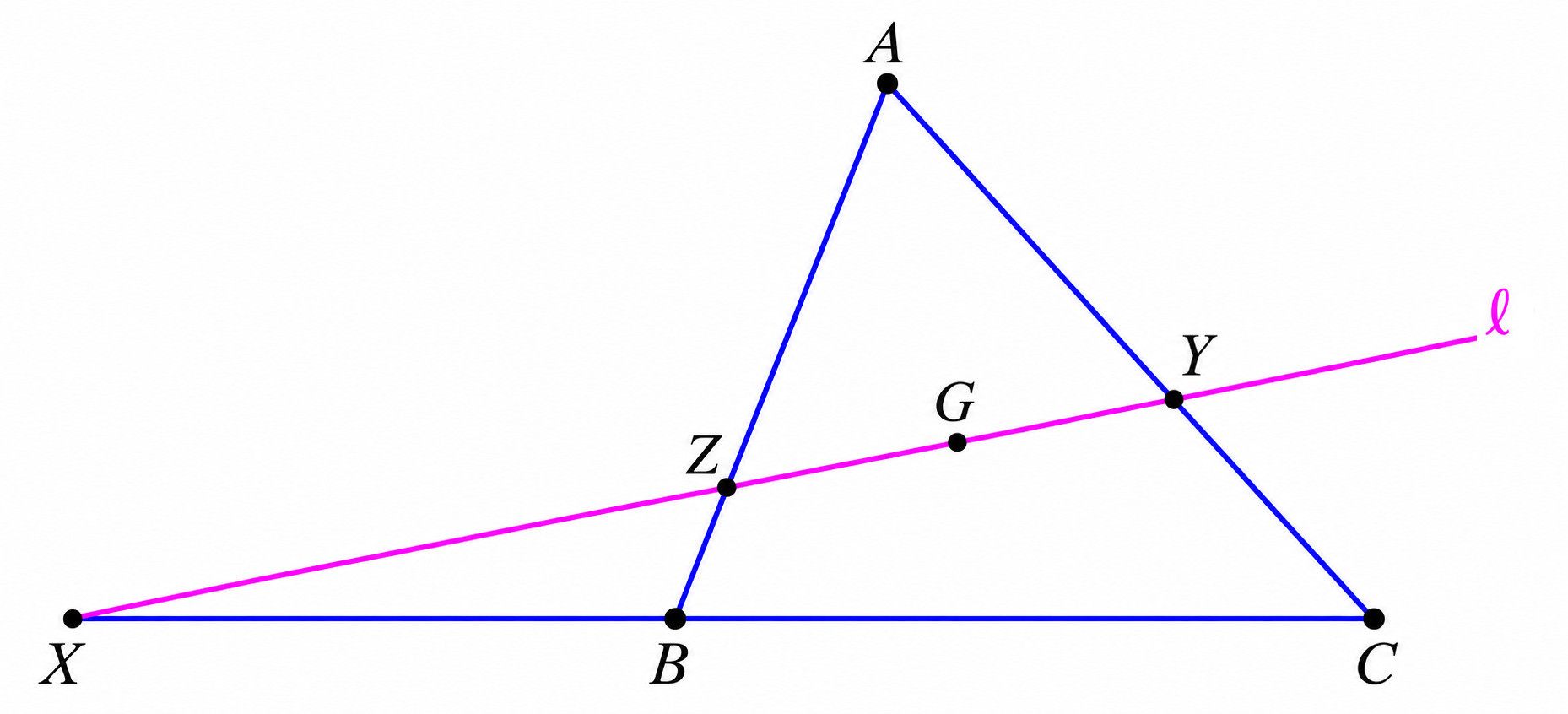 Triangle ABC with a line through centroid G intersecting AB, AC, and the extension of BC