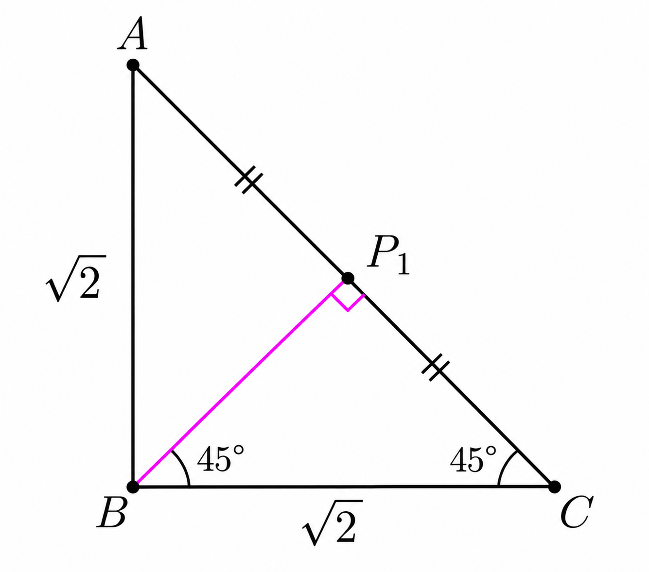 The case n equals 1 with P1 at the midpoint of AC