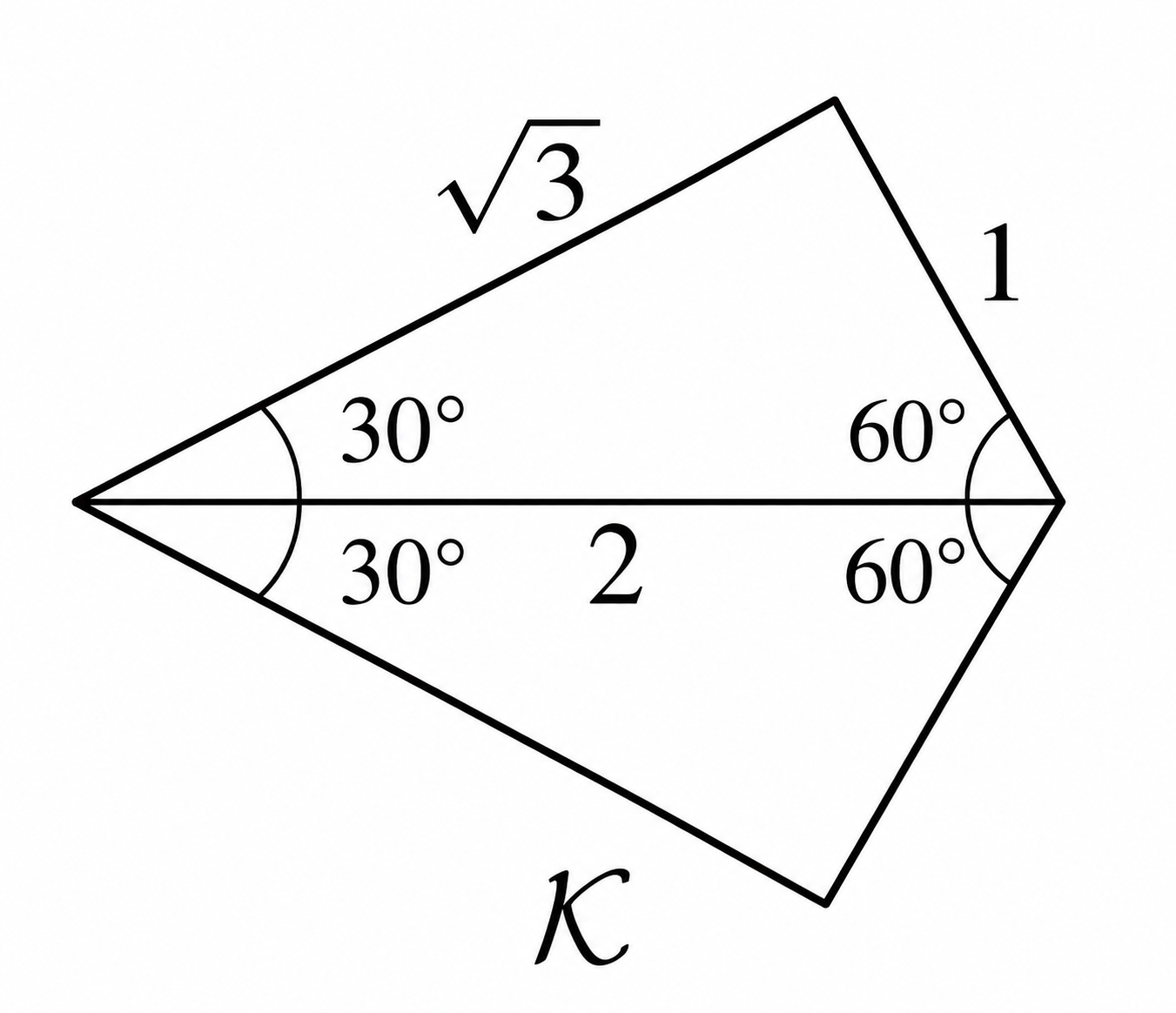 Kite K with 30 degree and 60 degree angles marked