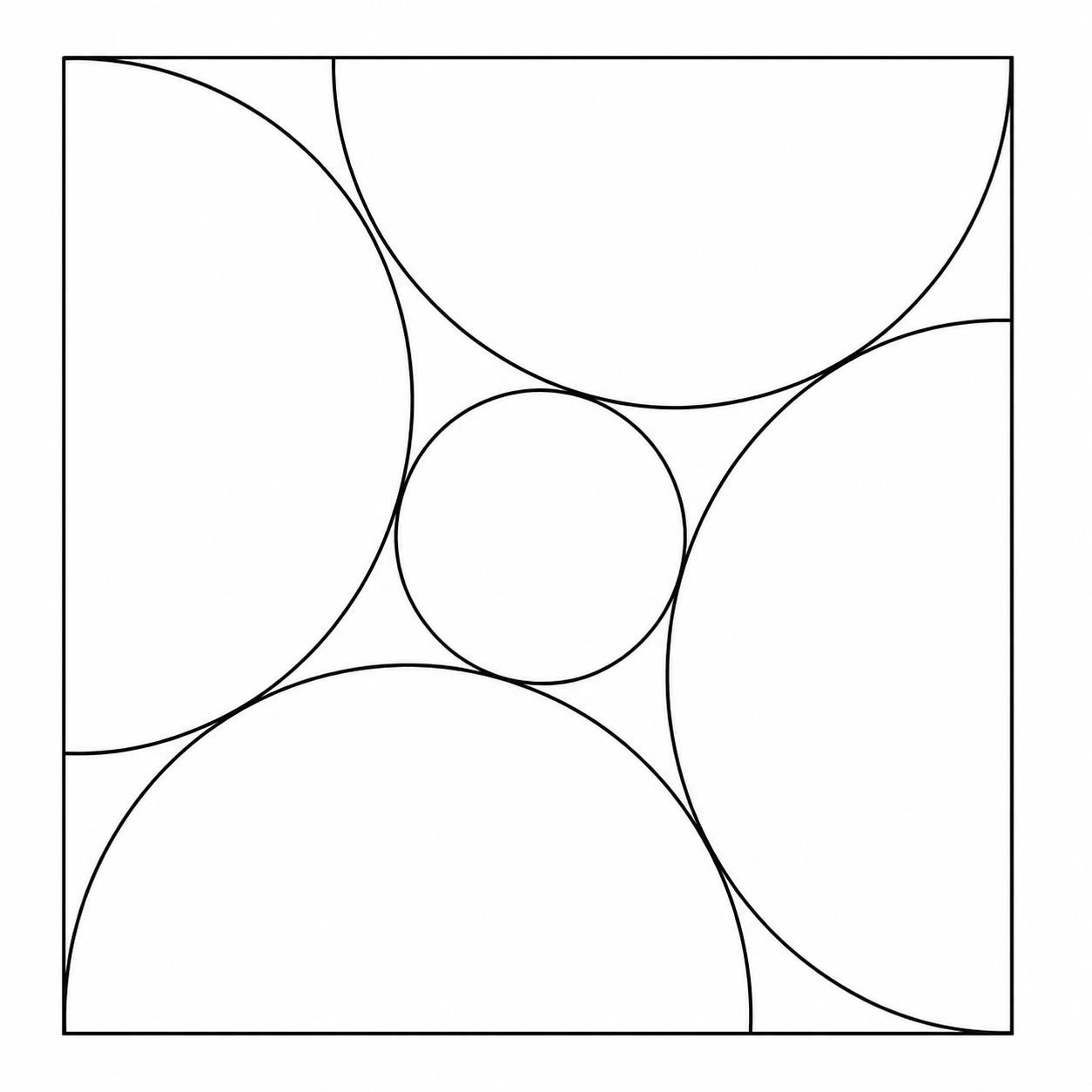 Four congruent semicircles inside a square with a small central tangent circle