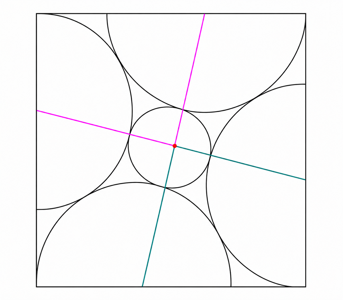Lines through the center of the small circle and centers of the semicircles