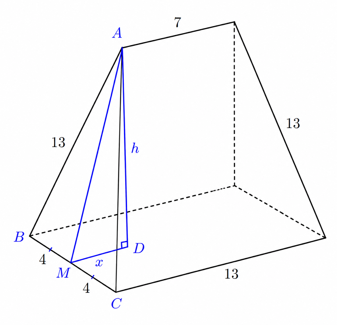 Pentahedron with points A, B, C, D, M and height h