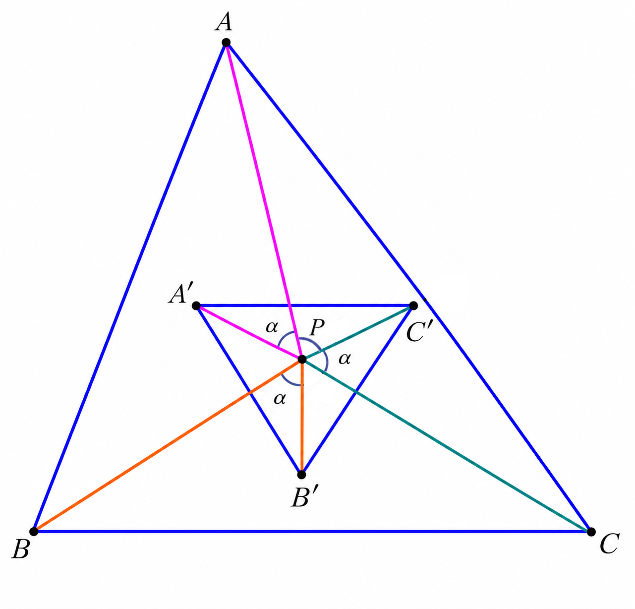 Direct spiral similarity centered at P mapping ABC to A'B'C'