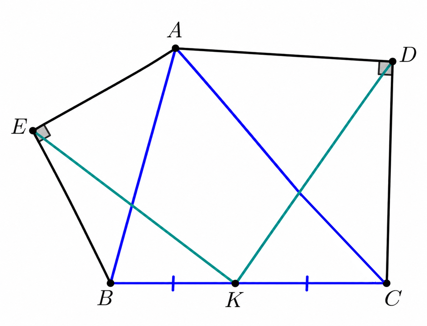 Triangle ABC with external right isosceles triangles DAC and EAB, and midpoint K