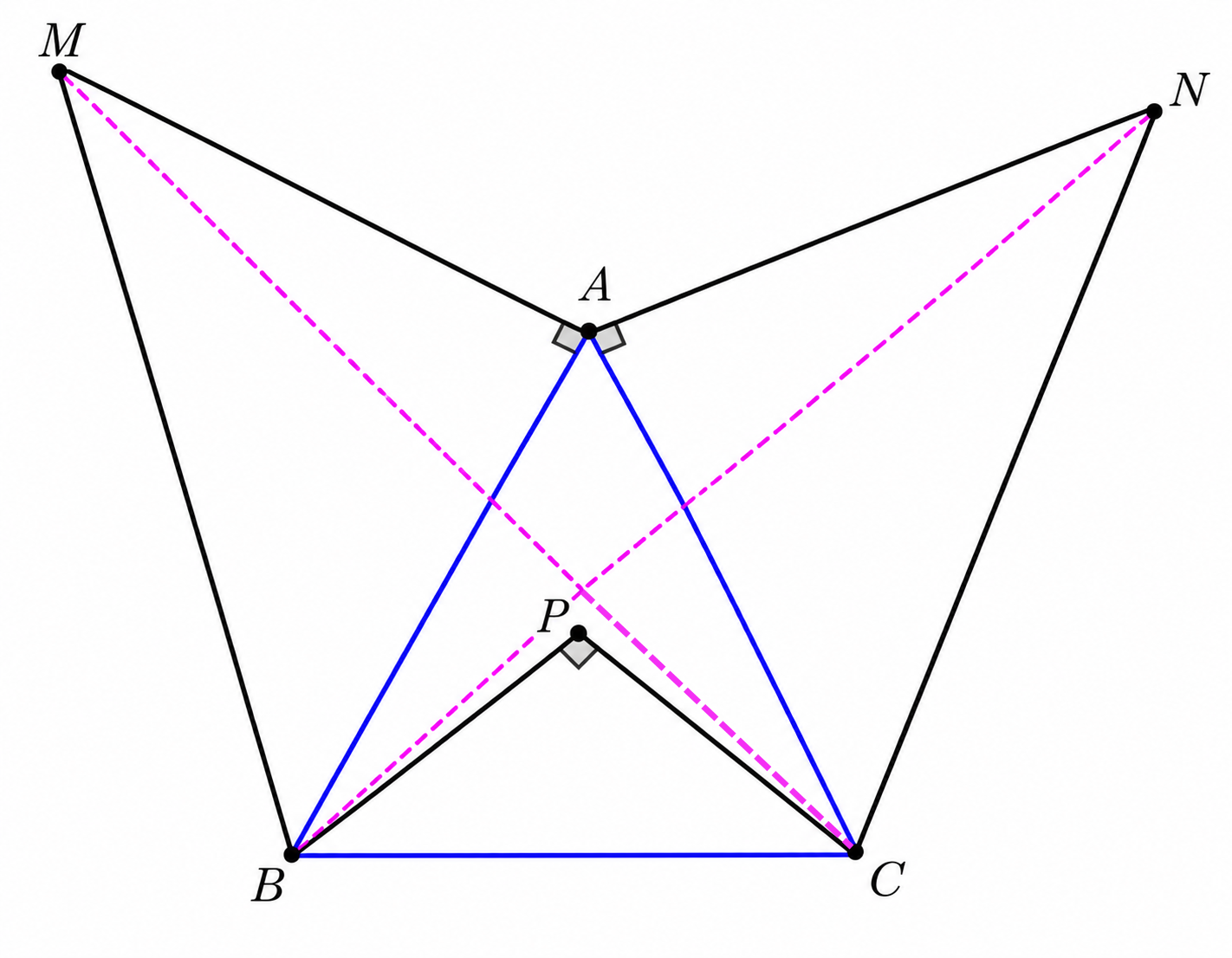 Two external isosceles right triangles ABM and ACN and triangle PBC