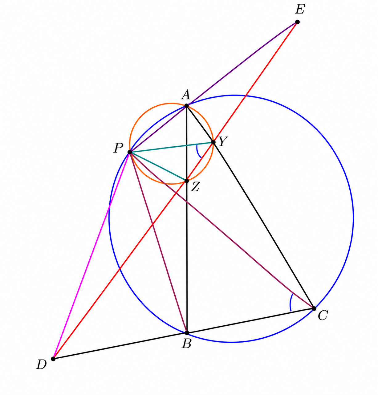 Similarity of triangles PYZ and PCB